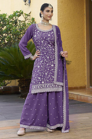 Violet Floral Embroidered Georgette Sharara Suits