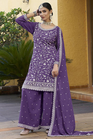 Violet Floral Embroidered Georgette Sharara Suits
