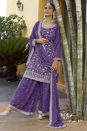 Violet Floral Embroidered Georgette Sharara Suits