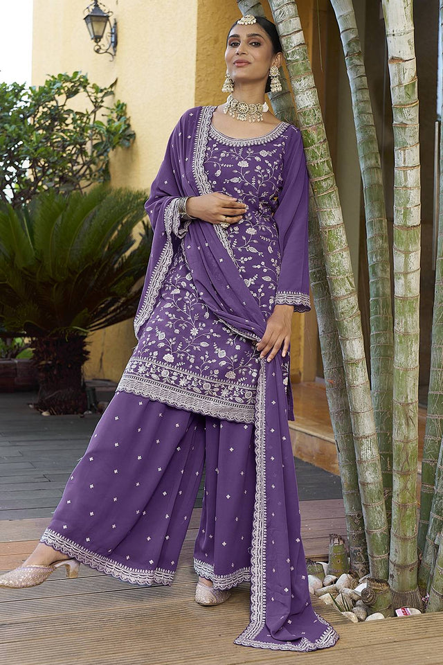 Violet Floral Embroidered Georgette Sharara Suits