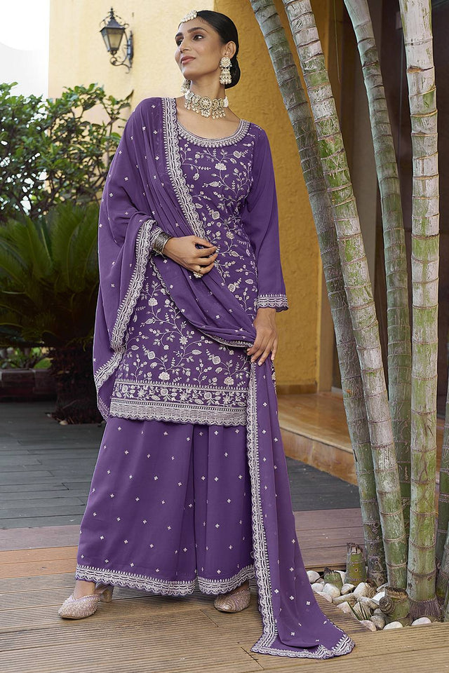 Violet Floral Embroidered Georgette Sharara Suits