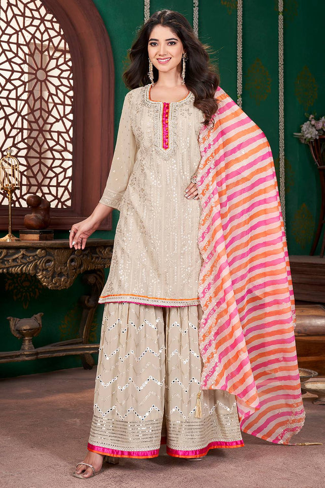 Multi Color Sequin With Embroidered Georgette Palazzo Suits