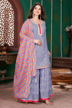 Lavender Sequin With Embroidered Georgette Palazzo Suits