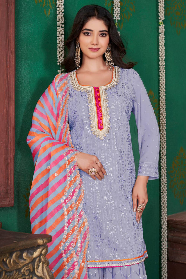 Lavender Sequin With Embroidered Georgette Palazzo Suits