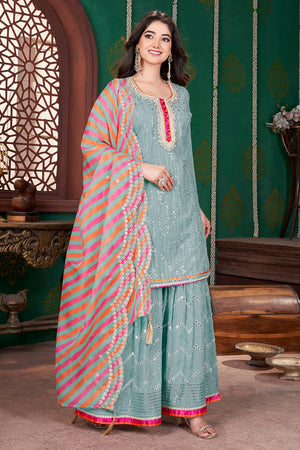 Sea Green Sequin With Embroidered Georgette Palazzo Suits