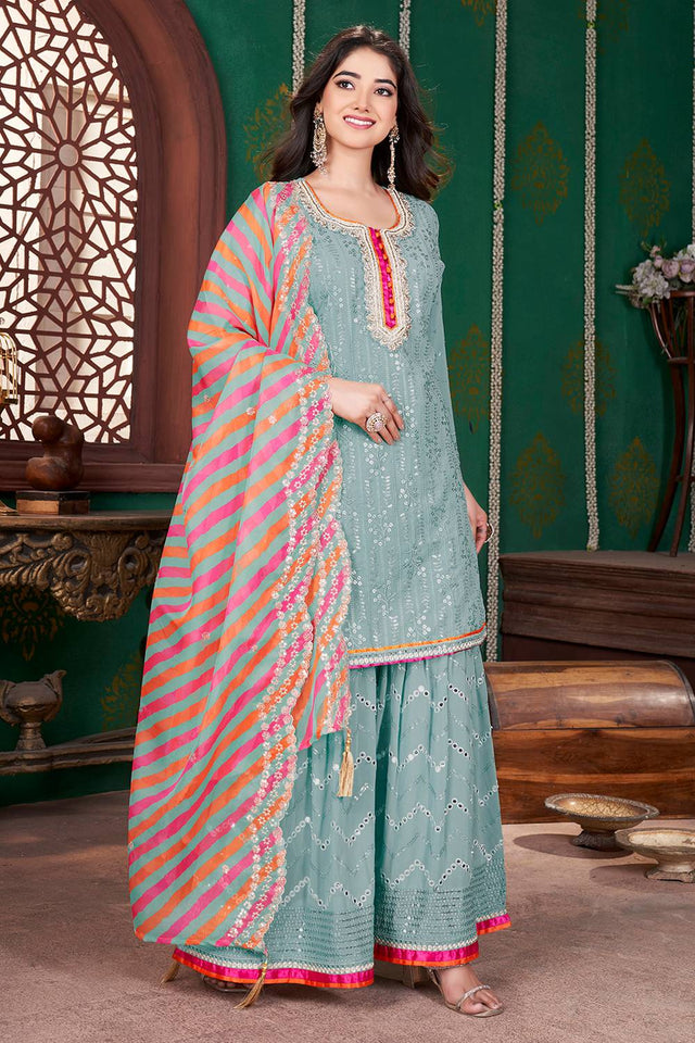 Sea Green Sequin With Embroidered Georgette Palazzo Suits