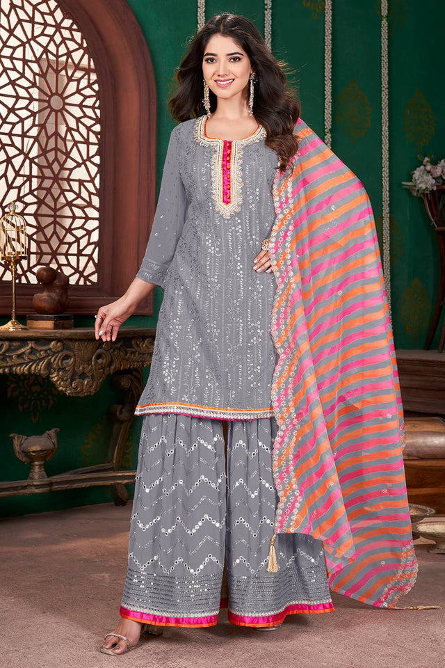 Grey Sequin With Embroidered Georgette Palazzo Suits