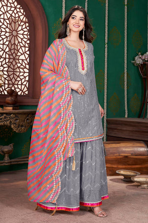Grey Sequin With Embroidered Georgette Palazzo Suits