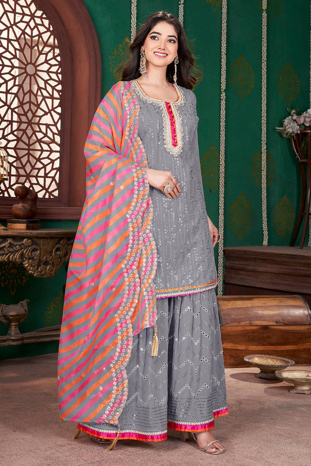 Grey Sequin With Embroidered Georgette Palazzo Suits