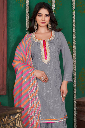 Grey Sequin With Embroidered Georgette Palazzo Suits