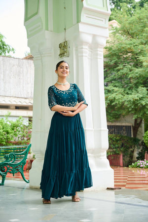 Turquoise Embroidered Georgette Gown
