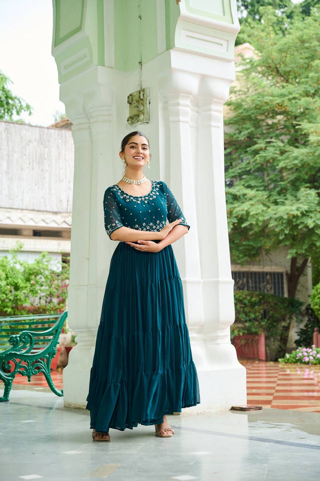 Turquoise Embroidered Georgette Gown