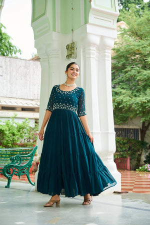 Turquoise Embroidered Georgette Gown