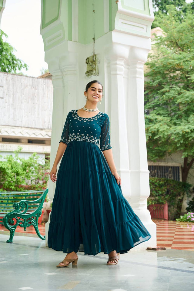 Turquoise Embroidered Georgette Gown