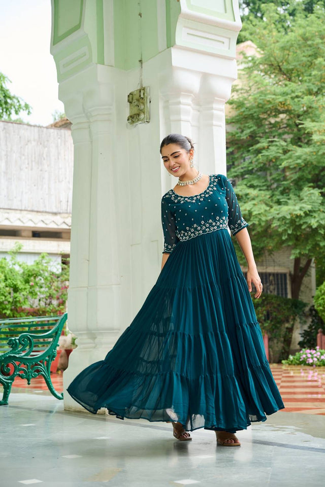 Turquoise Embroidered Georgette Gown
