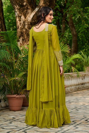 Green Sequin With Embroidered Georgette Gown