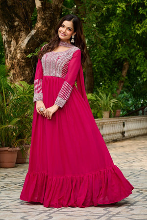 Pink Sequin With Embroidered Georgette Gown