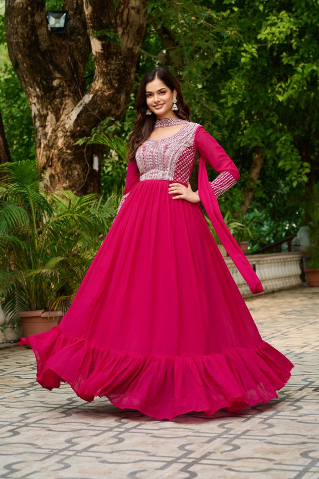 Pink Sequin With Embroidered Georgette Gown