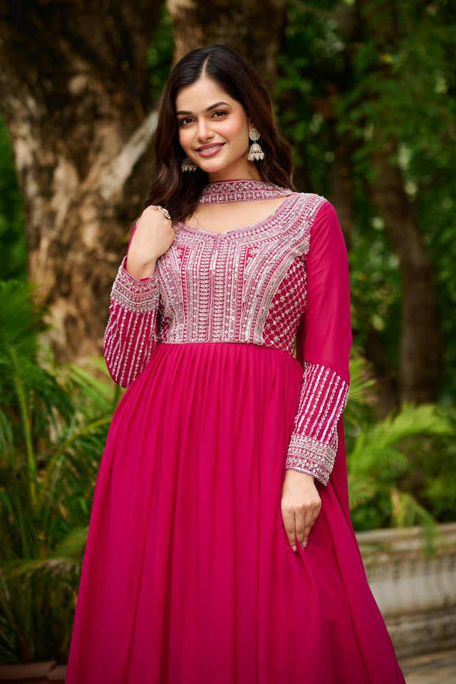 Pink Sequin With Embroidered Georgette Gown