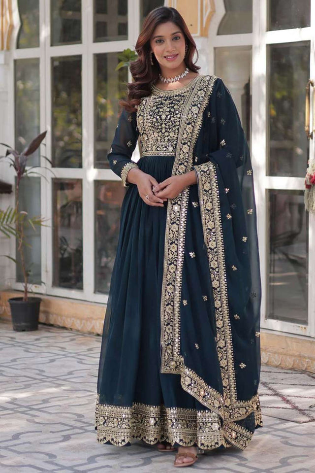 Light-Blue Embroidered Georgette Gown