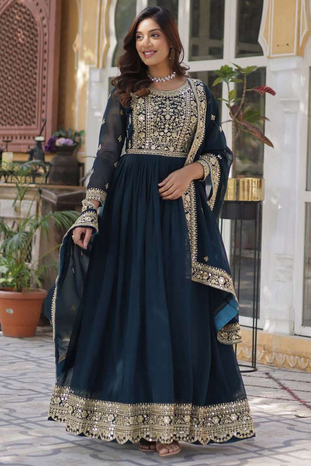 Light-Blue Embroidered Georgette Gown