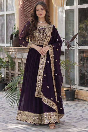 Wine Embroidered Georgette Gown