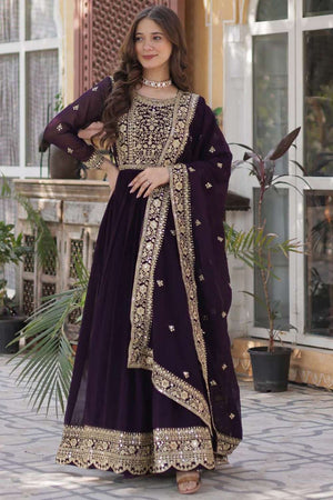 Wine Embroidered Georgette Gown