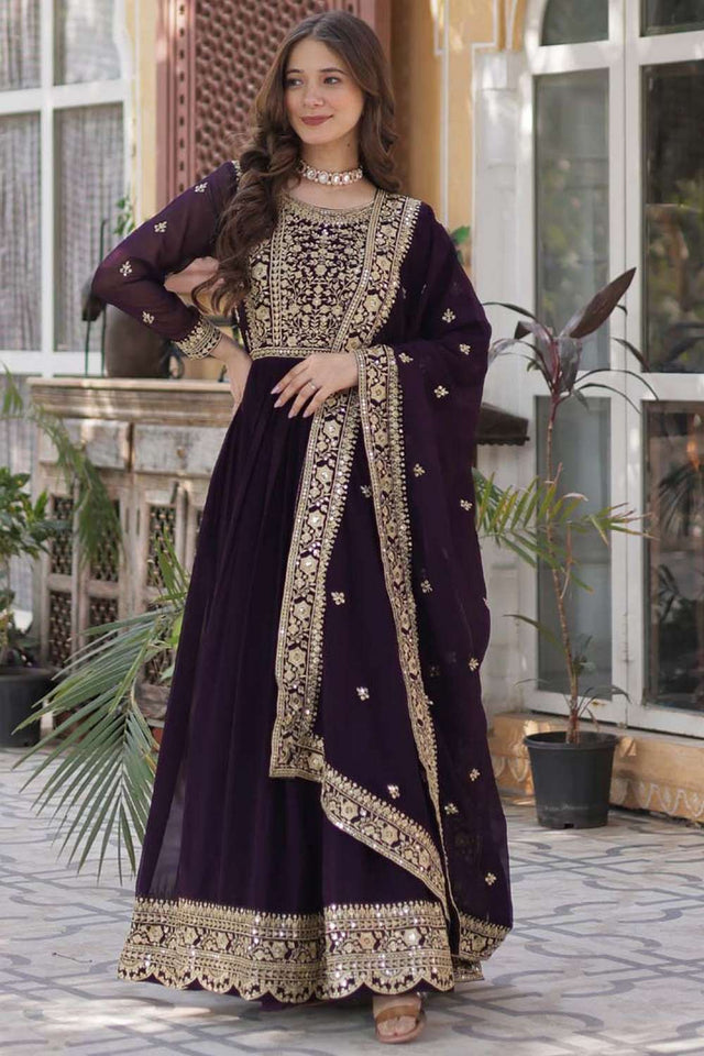 Wine Embroidered Georgette Gown