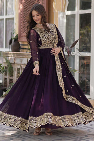 Wine Embroidered Georgette Gown