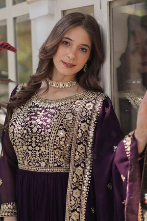 Wine Embroidered Georgette Gown