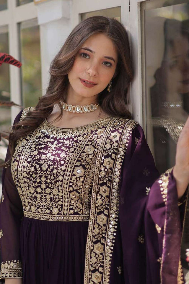 Wine Embroidered Georgette Gown