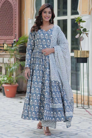 Grey Floral Printed Cotton Anarkali