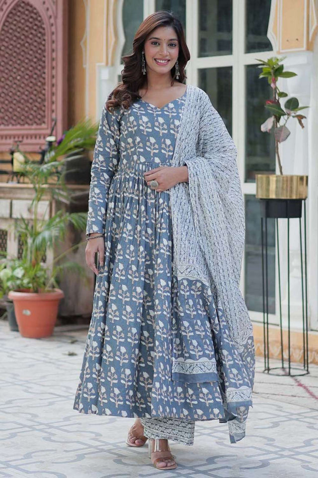 Grey Floral Printed Cotton Anarkali