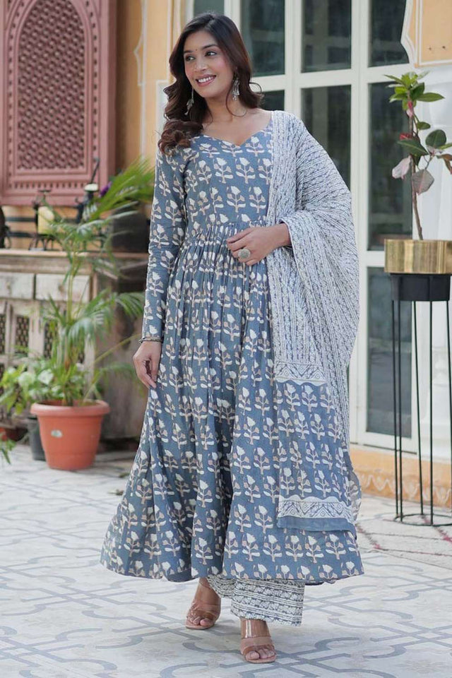 Grey Floral Printed Cotton Anarkali