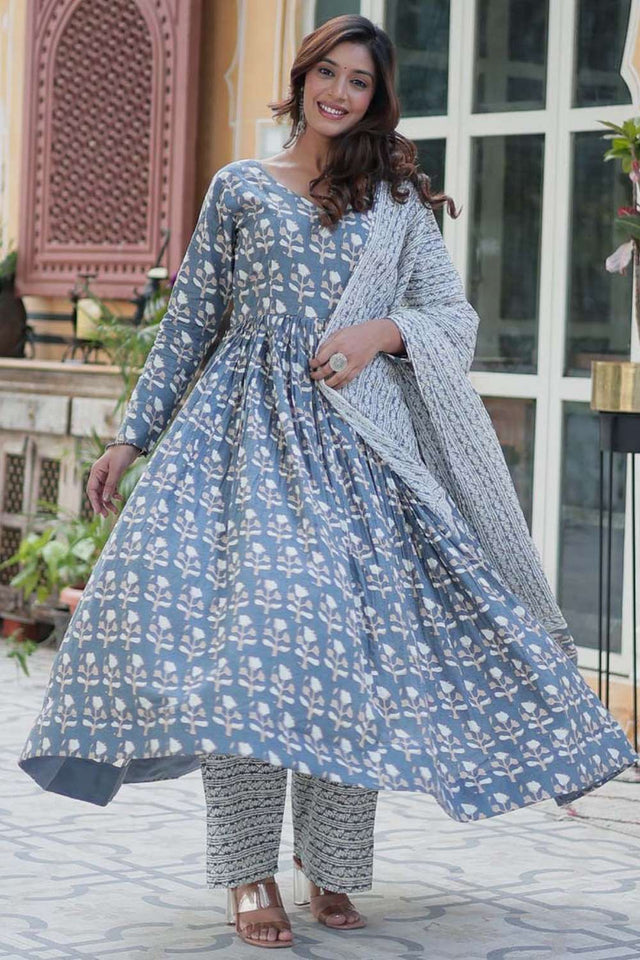 Grey Floral Printed Cotton Anarkali