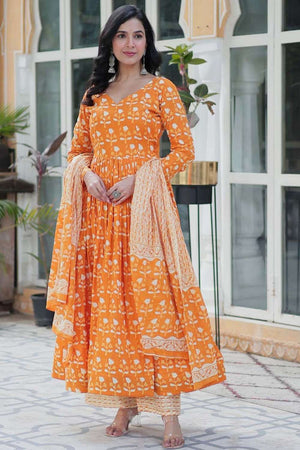 Orange Floral Printed Cotton Anarkali