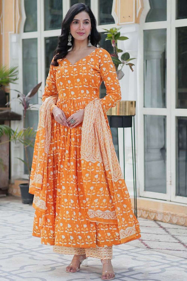 Orange Floral Printed Cotton Anarkali