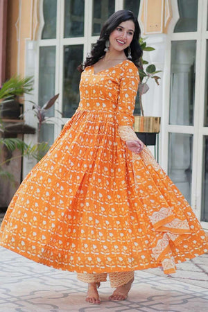 Orange Floral Printed Cotton Anarkali