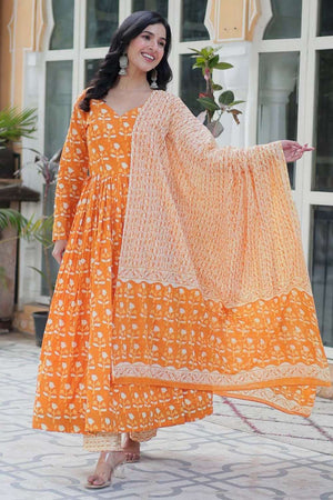 Orange Floral Printed Cotton Anarkali