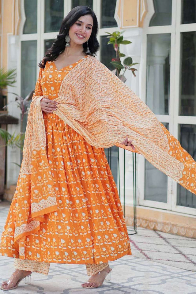 Orange Floral Printed Cotton Anarkali