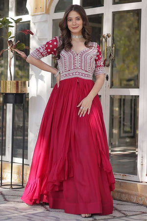 Red Embroidered Georgette Gown