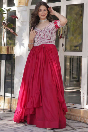 Red Embroidered Georgette Gown
