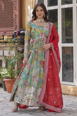 Multi Color Floral Printed Silk Gown