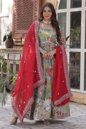 Multi Color Floral Printed Silk Gown