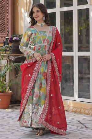 Multi Color Floral Printed Silk Gown