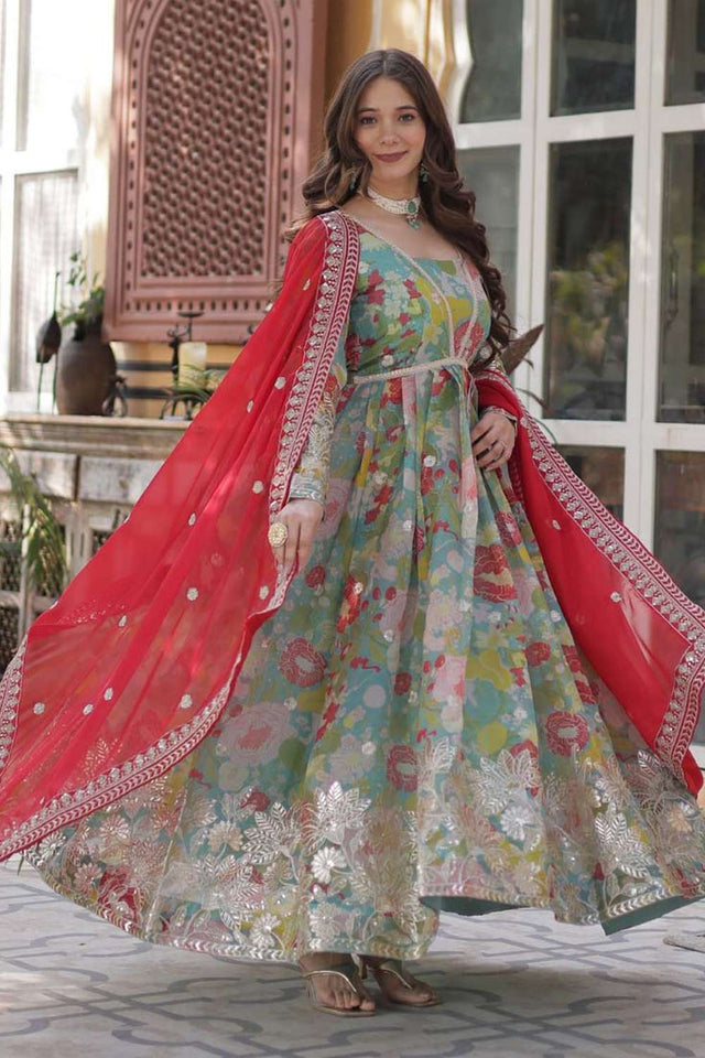 Multi Color Floral Printed Silk Gown