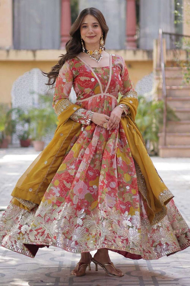 Red Floral Printed Silk Gown