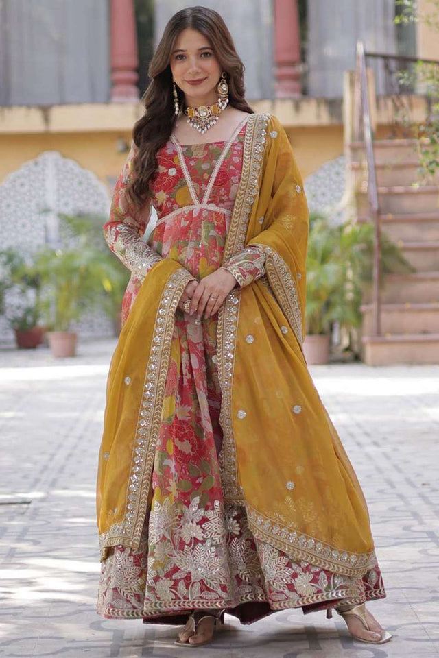 Red Floral Printed Silk Gown