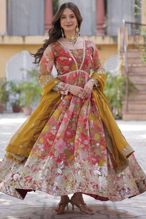 Red Floral Printed Silk Gown