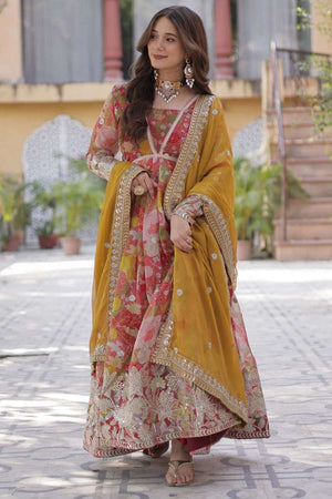 Red Floral Printed Silk Gown